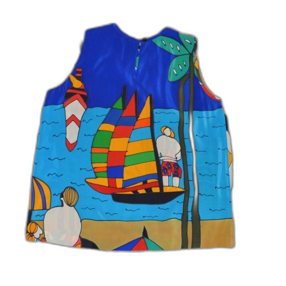 SILKSCAPES 100% Silk Handpainted Nautical Boat Sleeveless Top Vintage